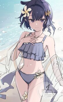 1girl absurdres beach bikini cowboy_shot flower frilled_bikini frills grey_bikini hair_flower hair_ornament hand_on_own_chest highres hololive hololive_english looking_at_viewer ninomae_ina&#039;nis ninomae_ina&#039;nis_(holonatsu_paradise) o-ring o-ring_bikini official_alternate_costume ogura_tubuan purple_eyes purple_hair sarong see-through_clothes see-through_sarong short_hair sketch solo swimsuit twitter_username virtual_youtuber watermark