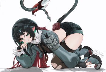 1girl absurdres animal_ears anizi black_gloves black_shorts black_thighhighs blunt_bangs commentary_request fingerless_gloves fingernails from_side full_body fur-trimmed_jacket fur_trim gloves green_eyes green_hair green_jacket highres jacket jane_doe_(zenless_zone_zero) long_hair looking_at_viewer mouse_ears mouse_girl mouse_tail multicolored_hair nail_polish parted_lips red_hair red_nails shorts sidelocks simple_background smile solo tail thighhighs thighs torn_clothes torn_thighhighs two-tone_hair white_background zenless_zone_zero