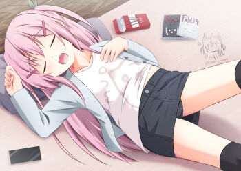 1girl black_panties cellphone closed_eyes commentary_request denim denim_skirt fang food hair_ornament hairclip jacket long_hair lying on_back open_mouth original over-kneehighs paid_reward_available panties pantyshot phone pink_hair pocky ri-net shirt skirt solo thighhighs underwear white_shirt
