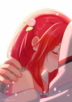 1boy 1girl absurdres blush closed_eyes closed_mouth crying flower food-themed_hair_ornament hair_ornament happy_tears highres hug long_hair rain_re_a re:zero_kara_hajimeru_isekai_seikatsu red_hair smile tears theresia_van_astrea white_background