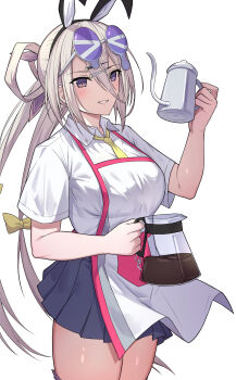 1girl absurdres blush breasts coffee coffee_pot collared_shirt fate/grand_order fate_(series) grey_hair grey_skirt grin highres huyan_zhuo_(fate) huyan_zhuo_(swimsuit_berserker)_(fate) large_breasts long_hair looking_at_viewer natu_zame purple_eyes shirt short_sleeves skirt smile solo thighs white_shirt