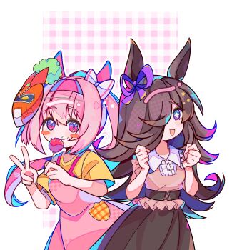 Rule 34 | 2girls, absurdres, animal ears, bee sempai, blush, blush stickers, bow, brown corset, brown hair, brown shirt, brown skirt, candy apple, closed mouth, corset, dress, ear bow, ear covers, flipped hair, food, hair over one eye, hairband, haru urara (umamusume), headband, highres, holding, holding candy apple, holding food, horse ears, horse girl, horse tail, long hair, looking at viewer, mask, mask on head, multiple girls, open mouth, pink dress, pink eyes, pink hair, pink headband, ponytail, purple bow, purple eyes, red headband, rice shower (umamusume), shirt, short sleeves, skirt, smile, star-shaped pupils, star (symbol), symbol-shaped pupils, tail, umamusume, umamusume: road to the top, v, yellow shirt