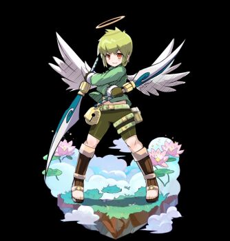 1boy angel angel_wings belt belt_pouch bike_shorts black_background blush brown_eyes closed_mouth cloud dual_wielding feathered_wings fighting_stance flower full_body green_hair green_shirt halo highres holding holding_sword holding_weapon leaf long_sleeves lotus merc_storia merc_storia_art_team navel official_art pink_flower pouch shirt short_hair sidelocks simple_background smile solo soul_(merc_storia) standing sword tachi-e thigh_belt thigh_strap v-shaped_eyebrows weapon white_wings wings