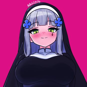 1girl alternate_costume black_dress blush breasts commentary cross dress english_commentary facepaint from_below girls&#039;_frontline green_eyes hair_ornament hairclip highres hk416_(girls&#039;_frontline) iron_cross large_breasts long_hair looking_at_viewer looking_down nun papacat smile solo teardrop upper_body very_long_hair white_hair