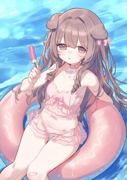 1girl absurdres animal_ears bandaid bandaid_on_leg bikini blush bow breasts brown_eyes brown_hair choker commentary dog_ears dog_girl drill_hair food frilled_bikini frills hair_bow highres hiraga_matsuri holding holding_food innertube long_hair looking_at_viewer navel original pink_bikini pink_bow pink_choker popsicle small_breasts solo swim_ring swimsuit thigh_gap water