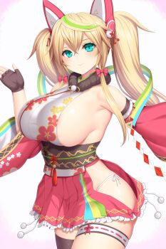 1girl alternate_costume animal_ears aqua_eyes areola_slip armpits asamura_hiori bare_shoulders blonde_hair breasts closed_mouth cowboy_shot detached_sleeves fake_animal_ears fingerless_gloves fur_collar gene_(pso2) gloves green_hair hair_between_eyes headgear highres huge_breasts japanese_clothes kimono large_breasts long_hair looking_at_viewer multicolored_hair obi panties panty_peek panty_straps phantasy_star phantasy_star_online_2 sash side-tie_panties sideboob sideless_outfit sidelocks simple_background single_thighhigh smile solo streaked_hair thigh_strap thighhighs twintails underwear white_background wide_sleeves