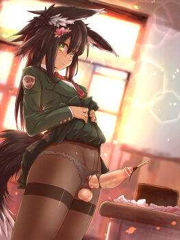 1futa animal_ears bar_censor black_hair blush breasts brown_pantyhose cake censored cowboy_shot day erection exc_heaven food fox_ears fox_tail futanari green_eyes green_skirt hair_between_eyes hair_ornament highres indoors lens_flare heavy_lens_flare long_hair miniskirt necktie original panties panties_under_pantyhose pantyhose penis pocky red_necktie skirt small_breasts smile solo sounding tail testicles thighband_pantyhose torn_clothes torn_pantyhose underwear uniform urethral_insertion window