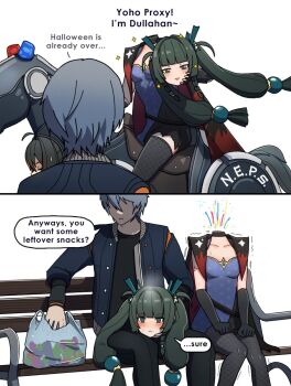 1boy 1girl bench blush dorahdew dullahan halloween_costume highres lap_pillow motor_vehicle motorcycle park_bench qingyi_(zenless_zone_zero) snack sparkle_background thighhighs trick_or_treat twintails white_background wise_(zenless_zone_zero) zenless_zone_zero