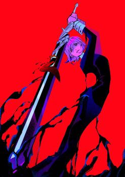 1other absurdres androgynous arched_back black_dress blood blunt_bangs caramoccii crona_(soul_eater) cuff_links dress hair_between_eyes highres holding holding_sword holding_weapon long_sleeves looking_at_viewer parted_lips purple_hair ragnarok_(soul_eater) red_background short_hair solo soul_eater sword weapon