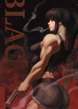1girl absurdres artist_name ass bare_arms bare_shoulders belt black_lagoon black_tank_top breasts brown_hair cigarette commentary cowboy_shot crop_top cutoffs denim denim_shorts english_commentary from_side gradient_background gun handgun highres holding holding_gun holding_weapon long_hair looking_at_viewer medium_breasts ponytail revy_(black_lagoon) shorts smoke smoking smoking_barrel solo tank_top toned toned_female weapon yozamontag