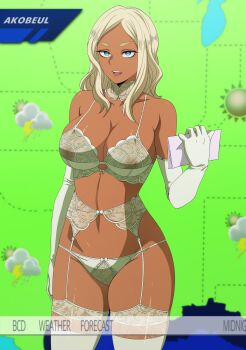 1girl absurdres akobeul blonde_hair blue_eyes boku_no_hero_academia bra breasts dark-skinned_female dark_skin elbow_gloves garter_straps gloves highres large_breasts lingerie long_hair looking_at_viewer meryl_(boku_no_hero_academia) panties panties_over_garter_belt solo standing thighhighs underwear underwear_only weathergirl white_bra white_gloves white_panties white_thighhighs