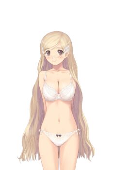 00s 1girl arms_behind_back blonde_hair blush bra breasts brown_eyes cleavage fault!! female_focus game_cg glasses hayama_rika large_breasts legs long_hair looking_at_viewer navel panties simple_background solo standing thighs tony_taka underwear white_background white_bra white_panties