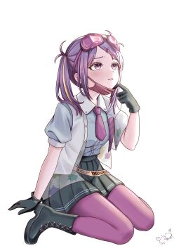 Rule 34 | 1girl, arm behind back, black boots, black gloves, black skirt, blonde streaks, blue shirt, blush, boots, clenched teeth, collared shirt, eyelashes, full body, furrowed brow, gloves, goggles, goggles on head, hair ornament, hairclip, hand up, heaven burns red, highres, ishii iroha, kanikure12, lace-up boots, looking up, mask pull, medium hair, miniskirt, multicolored hair, necktie, open clothes, open vest, pantyhose, parted bangs, pleated skirt, puffy short sleeves, puffy sleeves, pulling own clothes, purple eyes, purple hair, purple necktie, purple pantyhose, sad, shirt, short sleeves, signature, simple background, sitting, skirt, solo, streaked hair, tearing up, teeth, twintails, upturned eyes, vest, wariza, white background, white vest