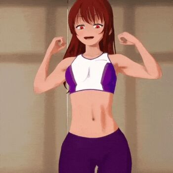 1girl 3d abs animated animated_gif dancing flex indie_game long_hair midriff_peek navel pants purple_pants red_eyes red_hair saiko-chan saiko_no_sutoka sports_bra sportswear yandere yoga_pants