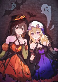 2girls :d aliaos alternate_costume alternate_headwear bare_shoulders bat_(animal) black_hat blonde_hair blush bow breasts brown_eyes brown_hair cleavage clothing_request detached_sleeves dress ghost hair_bow halloween halloween_costume hat hat_bow highres maribel_hearn medium_hair multiple_girls open_mouth orange_bow orange_dress purple_dress purple_eyes short_hair smile touhou usami_renko v