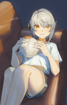 1girl absurdres anby_demara ass black_shorts blue_background blush braid braided_sidelock burger closed_mouth commentary_request couch crop_top crop_top_overhang dolphin_shorts eating food grey_hair hair_between_eyes headphones highres holding holding_burger holding_food knees_up lying on_back on_couch orange_eyes shirt short_hair shorts solo uuc_(yuyudanngo) white_shirt zenless_zone_zero