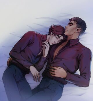 Rule 34 | 2boys, arcane: league of legends, arcane jayce, arm around back, black pants, brown hair, closed eyes, closed mouth, collarbone, collared shirt, commentary, highres, jayce (league of legends), league of legends, lying, male focus, multiple boys, on back, on side, pants, parted hair, partially open shirt, proxysart, purple shirt, shirt, shirt tucked in, short hair, sleeping, sleeve cuffs, symbol-only commentary, viktor (arcane), viktor (league of legends), wing collar, yaoi