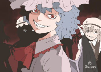 4girls ascot black_wings clone collared_shirt commentary_request demon_wings flandre_scarlet four_of_a_kind_(touhou) frilled_shirt_collar frills grey_shirt grin hat looking_at_viewer mob_cap multiple_girls onikobe_rin parody red_ascot red_background red_eyes remilia_scarlet resident_evil resident_evil_village sharp_teeth shirt short_hair smile solo_focus teeth touhou upper_body vest white_hat wings