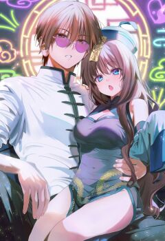 1boy 1girl a-chan_(little_busters!) alternate_costume bare_shoulders bespectacled black_dress black_hat blue_eyes blush breasts brown_eyes brown_hair chestnut_mouth china_dress chinese_clothes cleavage cleavage_cutout clothing_cutout commentary_request couple dragon_print dress eyelashes eyes_visible_through_hair fingernails glasses hair_between_eyes hat heart hetero highres hug indoors large_breasts light_particles little_busters! long_hair looking_at_viewer miiizuno_lbs natsume_kyousuke ofuda ofuda_on_head open_mouth parted_lips pelvic_curtain pink-tinted_eyewear print_dress round_window short_hair sidelighting sidelocks sitting sitting_on_lap sitting_on_person sleeveless sleeveless_dress thighs tinted_eyewear very_long_hair window