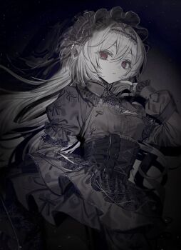 absurdres black_background black_bow black_corset black_dress bow buttons collared_dress commentary corset cowboy_shot dress eyes_visible_through_hair fingerless_gloves gloves gothic_lolita hair_between_eyes hair_intakes hairband highres hinomiya_shou lace lace_gloves lolita_fashion lolita_hairband long_hair long_sleeves original red_eyes solo very_long_hair white_hair