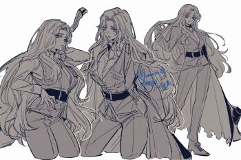 09wave_hb 1girl axe belt blue_eyes breasts coat collared_shirt full_body greyscale hand_up holding holding_axe id_card large_breasts limbus_company long_hair long_sleeves looking_at_viewer monochrome multiple_views open_mouth pants project_moon rodion_(project_moon) shirt shoes simple_background spot_color very_long_hair vest