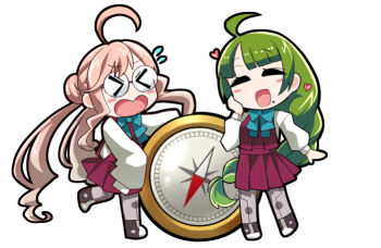 &gt;_&lt; ahoge aqua_bow aqua_bowtie blush_stickers bow bowtie braid chibi closed_eyes compass double_bun dress flying_sweatdrops glasses green_hair grey_pantyhose hair_bun halter_dress halterneck hand_on_own_face kantai_collection long_hair low_ponytail makigumo_(kancolle) mole mole_under_mouth oversized_object pantyhose pink_hair ponytail purple_dress simple_background single_braid sleeves_past_fingers sleeves_past_wrists smile udukikosuke white_background yuugumo_(kancolle)