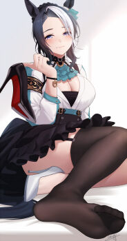 1girl absurdres animal_ears black_hair blue_eyes blush breasts cleavage feet garter_straps highres horse_ears horse_girl ieufg long_hair looking_at_viewer mejiro_ramonu_(umamusume) mole mole_under_eye multicolored_hair see-through_clothes see-through_legwear shoes soles streaked_hair thighhighs toes umamusume unworn_shoes