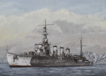 absurdres acrylic_paint_(medium) atelier_bono cannon cloud cloudy_sky cruiser highres imperial_japanese_army imperial_japanese_navy mast military_vehicle mountainous_horizon no_humans ocean original painting_(medium) ship ship_turret sky tama_(cruiser) traditional_media vehicle_focus warship watercraft winter