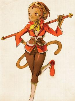 ascot bengus brown_eyes brown_hair capcom highres marvel marvel_vs._capcom marvel_vs._capcom_2 monkey official_art sarashi short_hair smile sonson staff tail