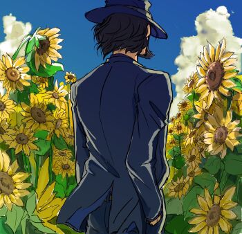 Rule 34 | 1boy, back, beard, black hair, blue sky, cloud, facial hair, field, flower, flower field, formal clothes, hand in pocket, hat, highres, jigen daisuke, lupin iii, male focus, michio (hara78994098), outdoors, short hair, sky, solo, suit, sunflower, sunflower field