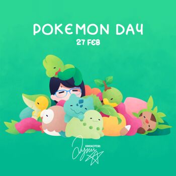 1girl :3 black_hair bulbasaur chespin chikorita closed_eyes commentary_request dated gen_1_pokemon gen_2_pokemon gen_4_pokemon gen_5_pokemon gen_6_pokemon gen_7_pokemon glasses green_background holding holding_mini_person kinokorin mini_person nintendo on_head pile pokemon pokemon_(creature) pokemon_on_head rowlet signature simple_background snivy turtwig