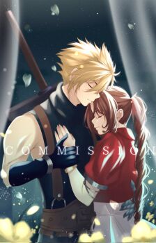 1boy 1girl aerith_gainsborough armlet bangle belt black_gloves black_pants black_shirt blonde_hair bracelet braid braided_ponytail brown_belt brown_hair buster_sword closed_mouth cloud_strife commission couple cropped_jacket dress final_fantasy final_fantasy_vii final_fantasy_vii_remake flower gloves hair_between_eyes hair_ribbon hand_on_another's_chest hand_on_another's_waist hetero highres holding_hands jacket jewelry jmoart214 light_smile pants parted_bangs pink_dress pink_ribbon puffy_short_sleeves puffy_sleeves red_jacket ribbon shirt short_hair short_sleeves single_bare_shoulder single_braid sleeveless sleeveless_turtleneck spiked_hair suspenders sword sword_on_back turtleneck upper_body weapon weapon_on_back yellow_flower