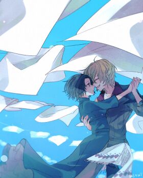 1boy 1girl arm_around_back black_dress black_hair black_pants blonde_hair blue_sky brown_dress closed_eyes clothesline commentary_request couple dated dress final_fantasy final_fantasy_xvi hair_between_eyes hand_on_another's_shoulder hetero highres holding_hands joshua_rosfield jote_(ff16) laundry looking_at_another ohayo_usaki open_mouth pants parted_bangs short_hair sky smile two-tone_dress