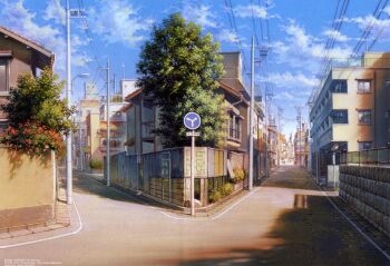 absurdres apartment architecture blue_sky cloud contemporary day highres house japan lamppost no_humans official_art outdoors overhead_line path perspective road scan scenery shade sky third-party_source toki_wo_kakeru_shoujo traditional_media tree urban yamamoto_nizo
