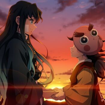 Rule 34 | 2boys, aqua eyes, aqua hair, bandaid, bandaid on cheek, bandaid on face, black hair, black jacket, buttons, cloud, demon slayer uniform, evening, gradient sky, hana ni nare, highres, holding hands, hyottoko mask, jacket, japanese clothes, kimetsu no yaiba, kotetsu (kimetsu no yaiba), long hair, looking at another, male focus, mask, mask on head, multicolored hair, multiple boys, orange sky, outdoors, ponytail, red vest, sky, sun, sunset, tokitou muichirou, upper body, vest