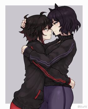 2girls ahoge animal_ears black_hair black_jacket blake_belladonna bluefield blush breasts cat_ears cat_girl closed_mouth couple cowboy_shot eye_contact face-to-face facing_another faunus_(rwby) gradient_hair grey_eyes hand_in_another's_hair hand_on_another's_head hands_up happy height_difference highres holding holding_person hug imminent_kiss incipient_kiss jacket long_sleeves looking_at_another medium_breasts multicolored_hair multiple_girls pants pocket red_hair ruby_rose rwby short_hair simple_background smile standing yellow_eyes yuri