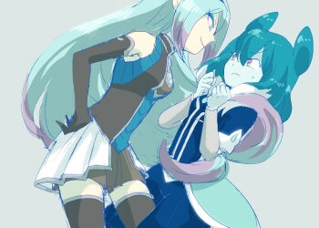 2girls alien black_gloves black_skirt black_thighhighs blue_background blue_bodysuit blue_eyes blue_hair blue_skin bodysuit colored_skin commentary elbow_gloves gloves hands_on_own_hips hidaring hilary_flail inazuma_eleven_(series) inazuma_eleven_go inazuma_eleven_go_galaxy long_hair looking_at_another multicolored_hair multiple_girls pleated_skirt pointy_ears powai_pichori purple_eyes purple_hair sazanaara_eleven skirt thighhighs very_long_hair