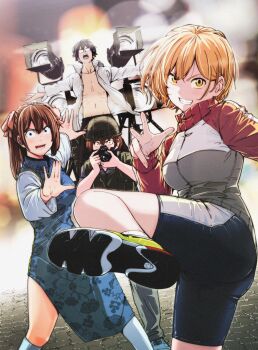 2boys 2girls bike_shorts black_shorts blonde_hair blue_dress breasts brown_hair camera commentary_request cover_image dress green_shoes grin highres holding holding_camera jacket kyatatsu_so_big looking_at_viewer medium_breasts multiple_boys multiple_girls open_clothes open_shirt original outstretched_arms red_sleeves shoes shorts smile spread_arms standing standing_on_one_leg yellow_eyes
