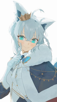 1girl absurdres ahoge animal_ear_fluff animal_ears aqua_eyes blue_cape braid cape cloak closed_mouth crown finger_to_cheek fox_ears fox_girl fur-trimmed_cape fur_trim gloves hair_between_eyes highres hololive lupinu5 mini_crown official_alternate_costume official_alternate_hairstyle shirakami_fubuki shirakami_fubuki_(fbkingdom) shirt simple_background tilted_headwear upper_body virtual_youtuber white_background white_gloves white_hair white_shirt
