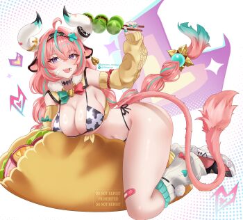 1girl animal_ears animal_print aqua_hair bandaid bandaid_on_leg bell bikini black_shoes breasts commentary cow_ears cow_girl cow_horns cow_print cow_print_bikini cow_tail cowbell crumbs detached_sleeves english_commentary food genshin_impact highres holding holding_food hollow_mimikyu horns large_breasts leg_warmers long_hair multicolored_hair navel open_mouth oversized_food oversized_object pink_hair print_bikini purple_eyes shoes solo standing swimsuit taco tail two-tone_hair varesa_(genshin_impact) white_background