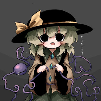 1girl black_eyes black_hat blush bow buttons commentary_request cowboy_shot crying diamond_button frilled_shirt_collar frills green_hair green_skirt hat hat_bow heripantomorrow holding komeiji_koishi medium_hair shirt simple_background skirt solo sweatdrop third_eye touhou translation_request wide_sleeves yellow_bow yellow_shirt