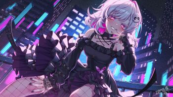 1girl absurdres bare_shoulders black_choker black_dress black_nails blush breasts bright_pupils choker city city_lights colored_inner_hair commentary_request commission cowboy_shot dress dutch_angle fingernails fishnet_thighhighs fishnets frilled_dress frills hair_ornament hand_up highres long_sleeves looking_at_viewer medium_breasts multicolored_hair nail_polish night original outdoors pink_eyes pink_hair second-party_source short_hair skull_hair_ornament smile solo suzuhiro swept_bangs thighhighs white_pupils yuki_(zomb)