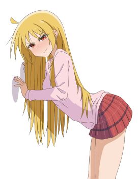 1girl absurdres ahoge alternate_costume blonde_hair blush bocchi_the_rock! closed_mouth cowboy_shot dot_nose embarrassed highres ijichi_seika leaning_forward long_hair long_sleeves looking_at_viewer miniskirt pink_shirt plaid_clothes plaid_skirt red_eyes red_skirt shirt simple_background skirt solo standing thundradrawings v-shaped_eyebrows wavy_mouth white_background