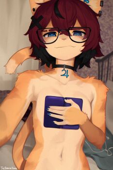 1girl aeiou_(yoako) animal_ears animal_nose black-framed_eyewear black_choker black_hair body_fur boobs_in_book_(meme) breasts cat_ears cat_girl cat_tail choker collarbone commentary completely_nude earclip english_commentary furry furry_female glasses hair_ornament highres looking_at_viewer meme multicolored_hair navel nude original red_hair short_hair smile solo tail two-tone_hair x_hair_ornament yoako