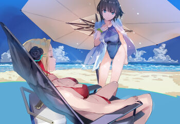 2girls aoi_erika beach black_hair blonde_hair blue_eyes breasts commentary_request cooler flower hair_flower hair_ornament heaven_burns_red large_breasts minase_ichigo multiple_girls official_artist_extra one-piece_swimsuit parasol short_hair swimsuit umbrella yuugen