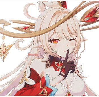 1girl ;) ahoge alice_(genshin_impact) bare_shoulders blonde_hair blush breasts brown_gloves cleavage closed_mouth commentary_request detached_sleeves finger_to_mouth genshin_impact gloves long_hair long_sleeves looking_at_viewer nyanya one_eye_closed pointy_ears pyro_symbol_(genshin_impact) red_eyes red_sleeves shushing smile solo symbol-shaped_pupils upper_body very_long_hair vision_(genshin_impact)