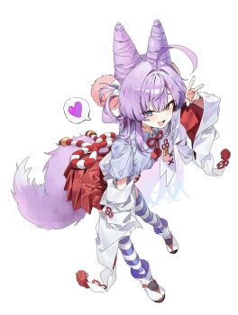 1girl 46_coffee ahoge blue_eyes commentary fox_girl hair_ornament hakama hakama_short_skirt hakama_skirt heart heterochromia highres huge_ahoge japanese_clothes long_hair okobo platform_sandals purple_hair red_hakama rope sandals shimenawa simple_background skirt socks solo stellive striped_clothes striped_socks symbol-only_commentary tenko_shibuki thighhighs v white_background yellow_eyes