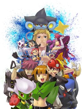 00s 4boys 4girls :d bastiodon byron_(pokemon) candice_(pokemon) capelet crasher_wake double_v dress elbow_gloves everyone fantina_(pokemon) floatzel froslass gardenia_(pokemon) gen_4_pokemon glasses gloves green_capelet gym_leader helmet looking_at_viewer lucario luxray maylene_(pokemon) mismagius multiple_boys multiple_girls nintendo one_eye_closed open_mouth pokemon pokemon_(creature) pokemon_dppt pokipoki purple_dress rampardos roark_(pokemon) roserade shovel sky smile v volkner_(pokemon) wink worktool