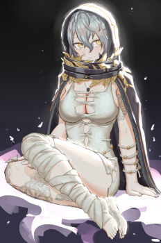 1girl absurdres bandaged_arm bandages bare_shoulders barefoot breasts cleavage cloak code_vein dress hair_between_eyes highres hood hooded_cloak io_(code_vein) large_breasts looking_to_the_side renxzd short_hair solo torn_clothes torn_dress white_dress white_hair yellow_eyes