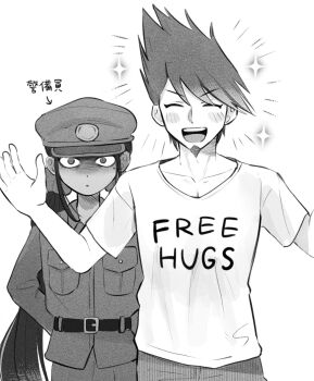 1boy 1girl arms_behind_back belt blush danganronpa_(series) danganronpa_v3:_killing_harmony facial_hair facing_viewer free_hugs goatee greyscale hair_ornament hair_scrunchie happy harukawa_maki hat highres jacket long_hair long_sleeves looking_at_viewer military_uniform mole mole_under_eye momota_kaito monochrome pants scrunchie serious shirt smile sparkle spiked_hair to_mato_(tmt_takusan) translation_request twintails